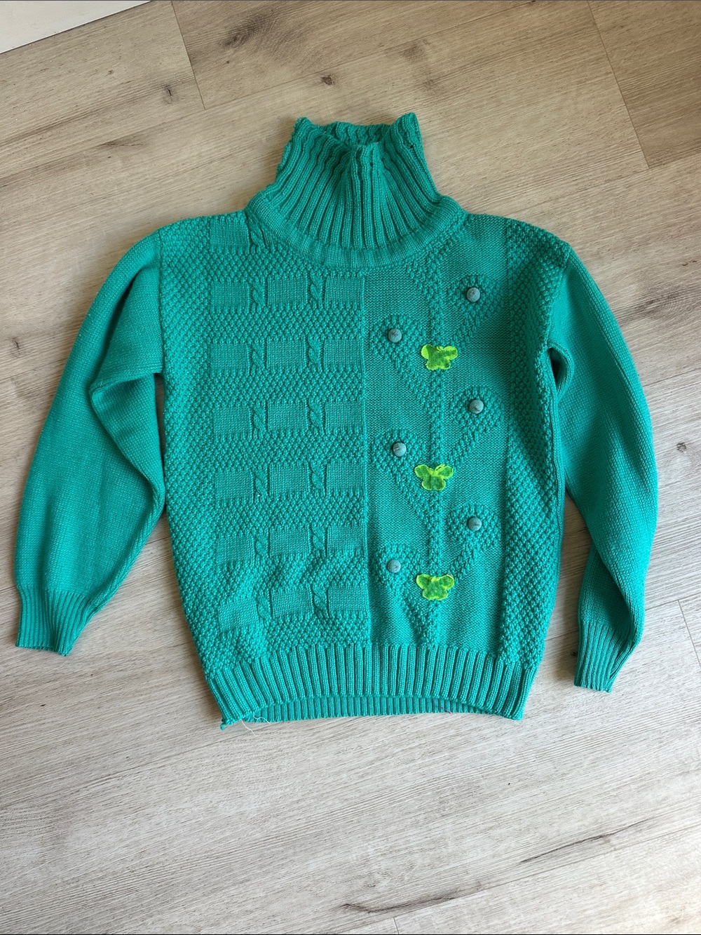 Little girls green Turtleneck Cable Knit Sweater with Butterfly Accents